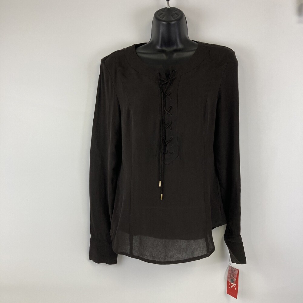 NWT Anne Klein 4 Brown Tie Front Silk Sheer Peasant Long Sleeve Blouse Top Shirt
